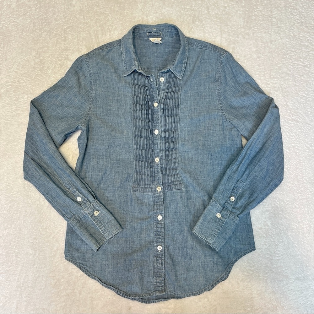 J. Crew 100% Cotton‎ Chambray Tuxedo Pleat Button Down Shirt Women’s 6